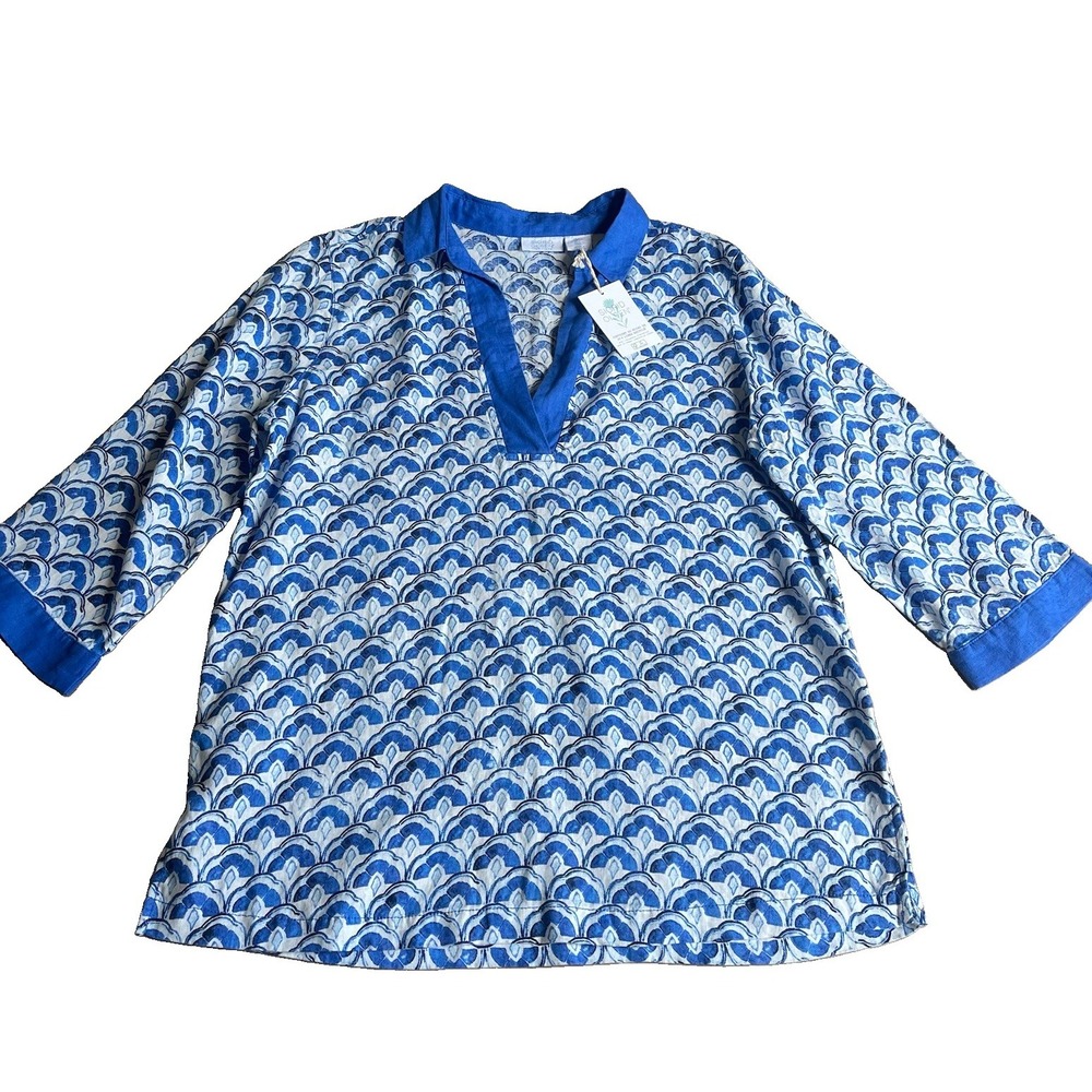 Sigrid Olsen 100% Linen Blue Fan Print Tunic Women's Large Women's NEW NWT